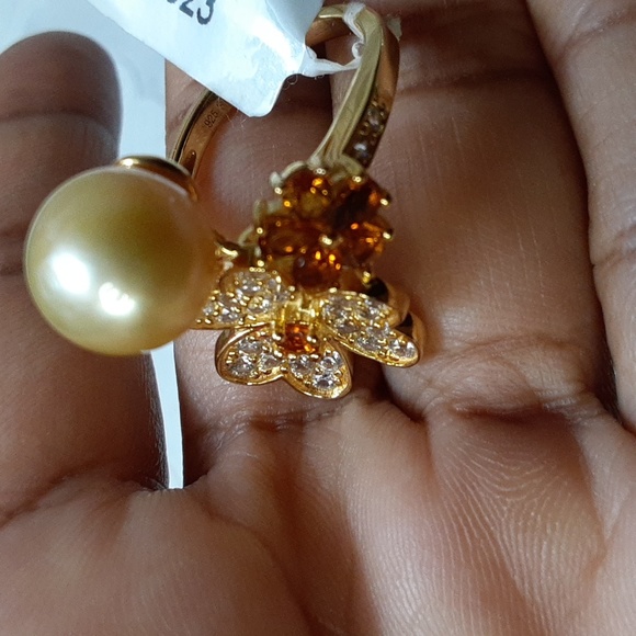 925  Golden South Sea Pearl, Madeira Citrine, White Zircons Ring. 10.5mm FIRM. - Picture 14 of 17
